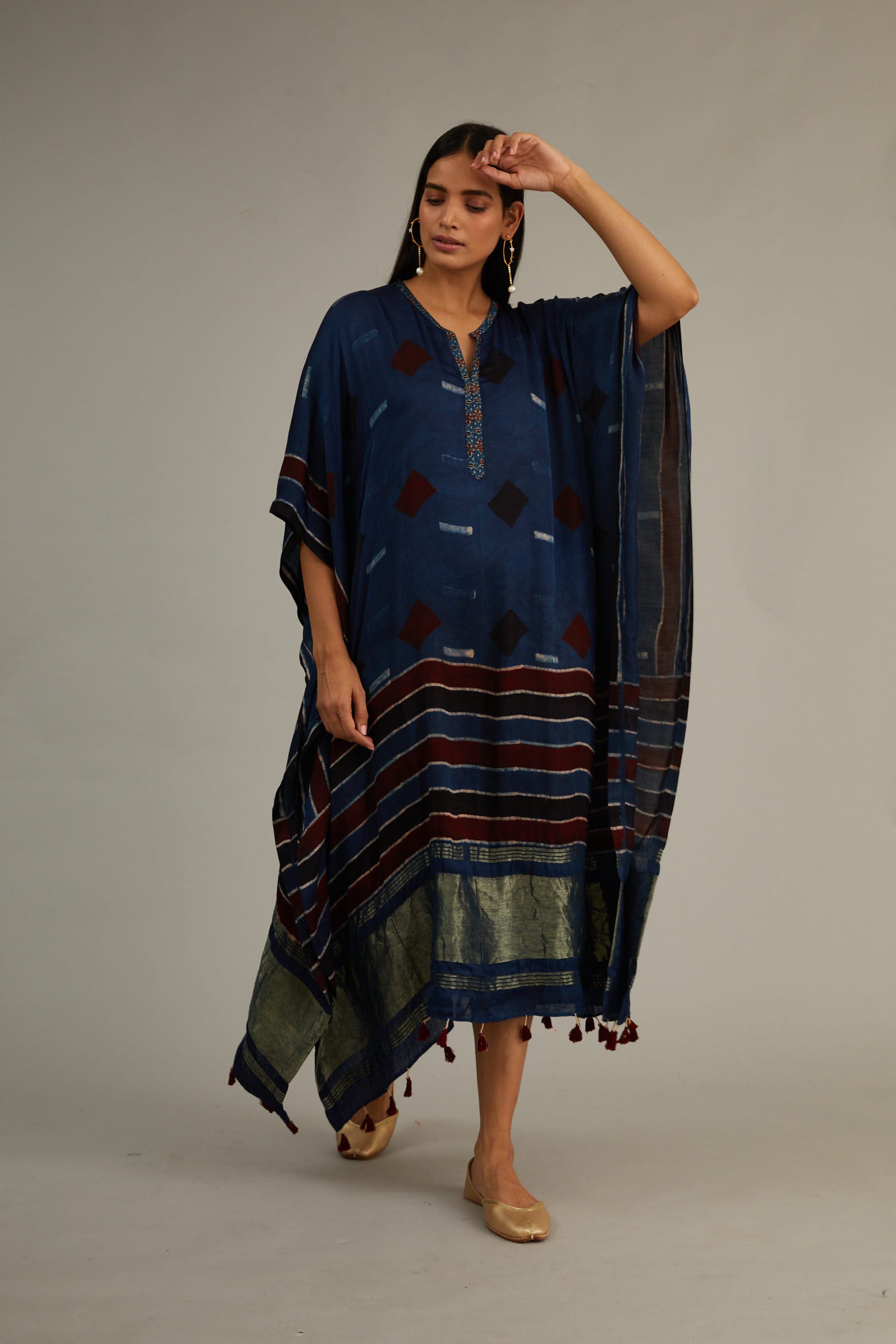 Indigo Hand Blocked Ajrakh Tassel Kaftan