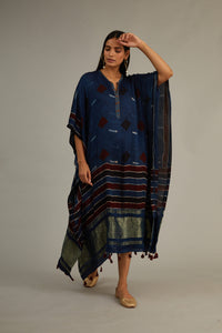 Indigo Hand Blocked Ajrakh Tassel Kaftan