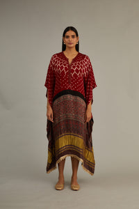 Red Hand Blocked Ajrakh Kaftan With Tassles