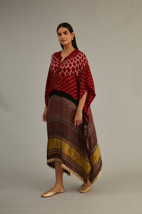 Red Hand Blocked Ajrakh Kaftan With Tassles