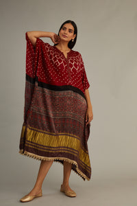 Red Hand Blocked Ajrakh Kaftan With Tassles