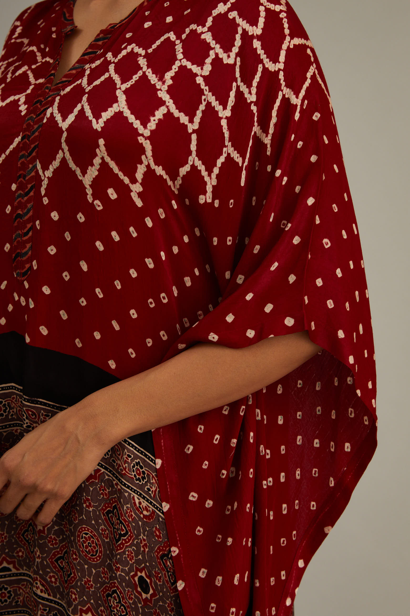 Red Hand Blocked Ajrakh Kaftan With Tassles