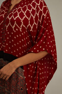Red Hand Blocked Ajrakh Kaftan With Tassles
