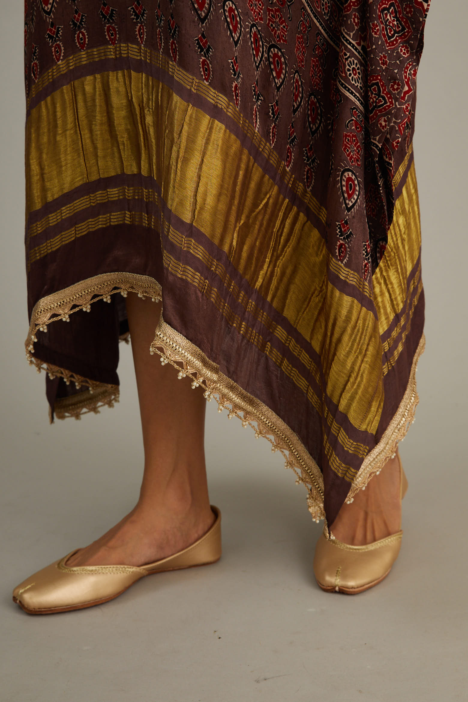 Red Hand Blocked Ajrakh Kaftan With Tassles