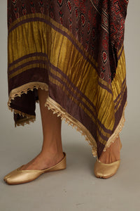 Red Hand Blocked Ajrakh Kaftan With Tassles