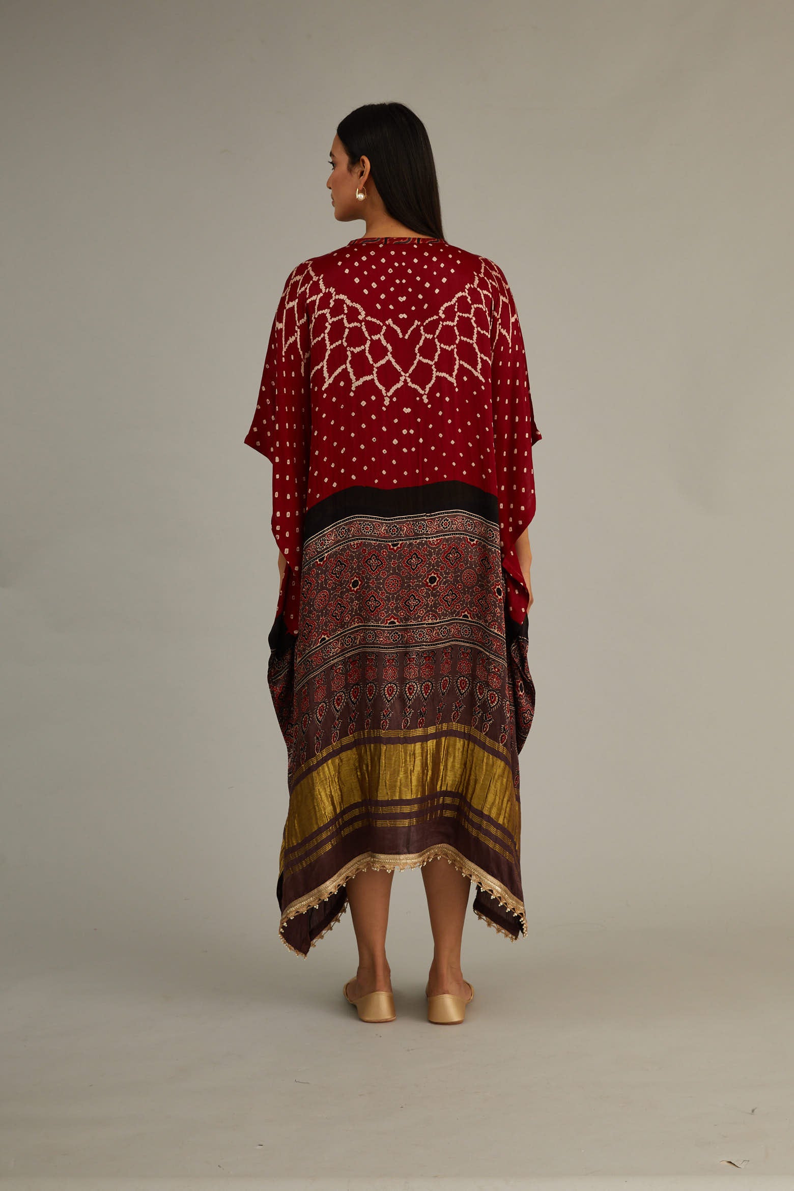 Red Hand Blocked Ajrakh Kaftan With Tassles