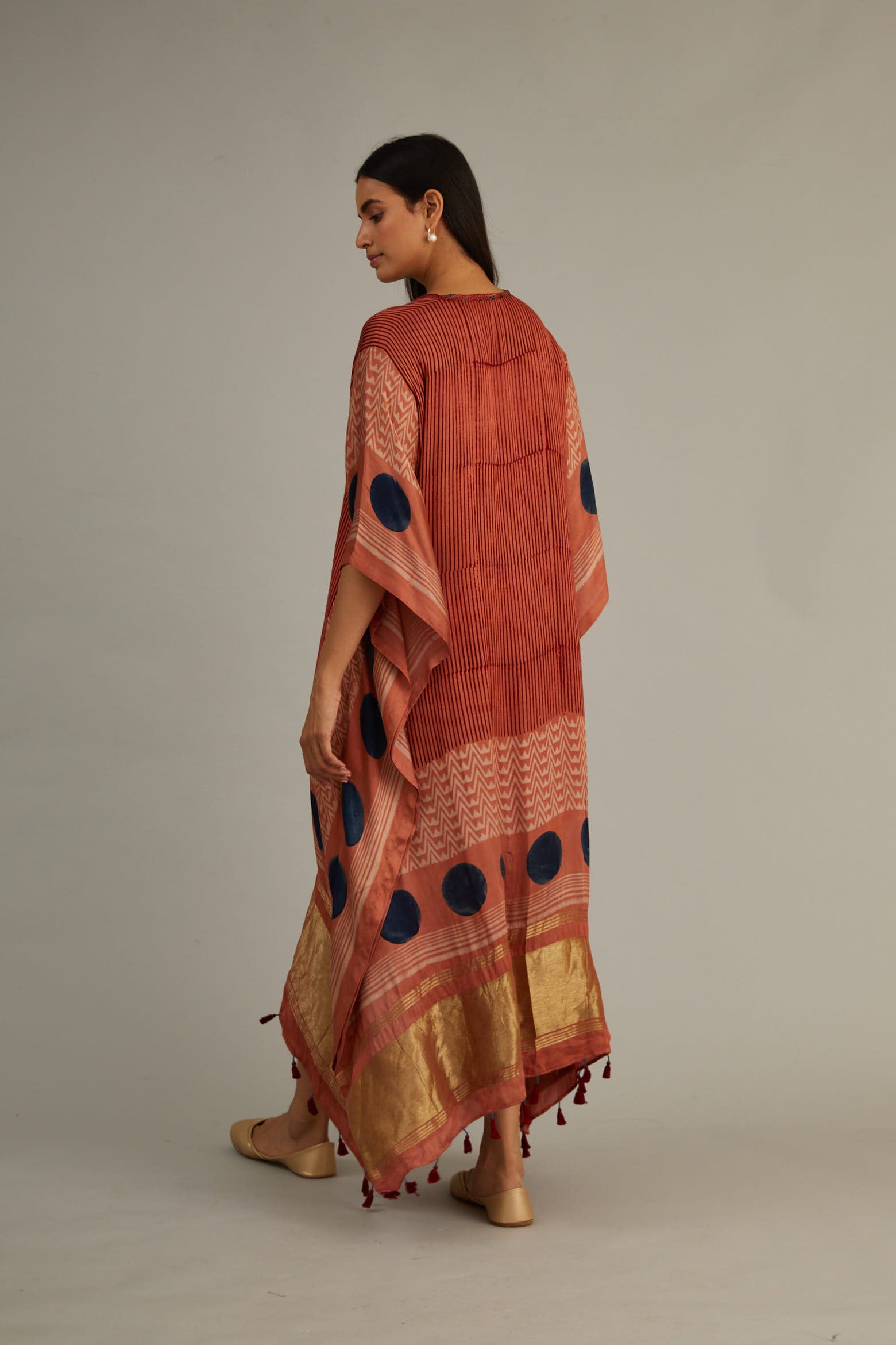 Peach Indigo Ajrakh Kaftan With Tassles