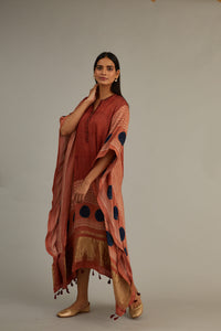 Peach Indigo Ajrakh Kaftan With Tassles