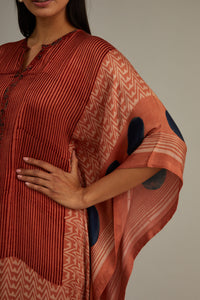 Peach Indigo Ajrakh Kaftan With Tassles
