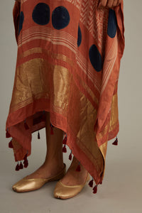 Peach Indigo Ajrakh Kaftan With Tassles