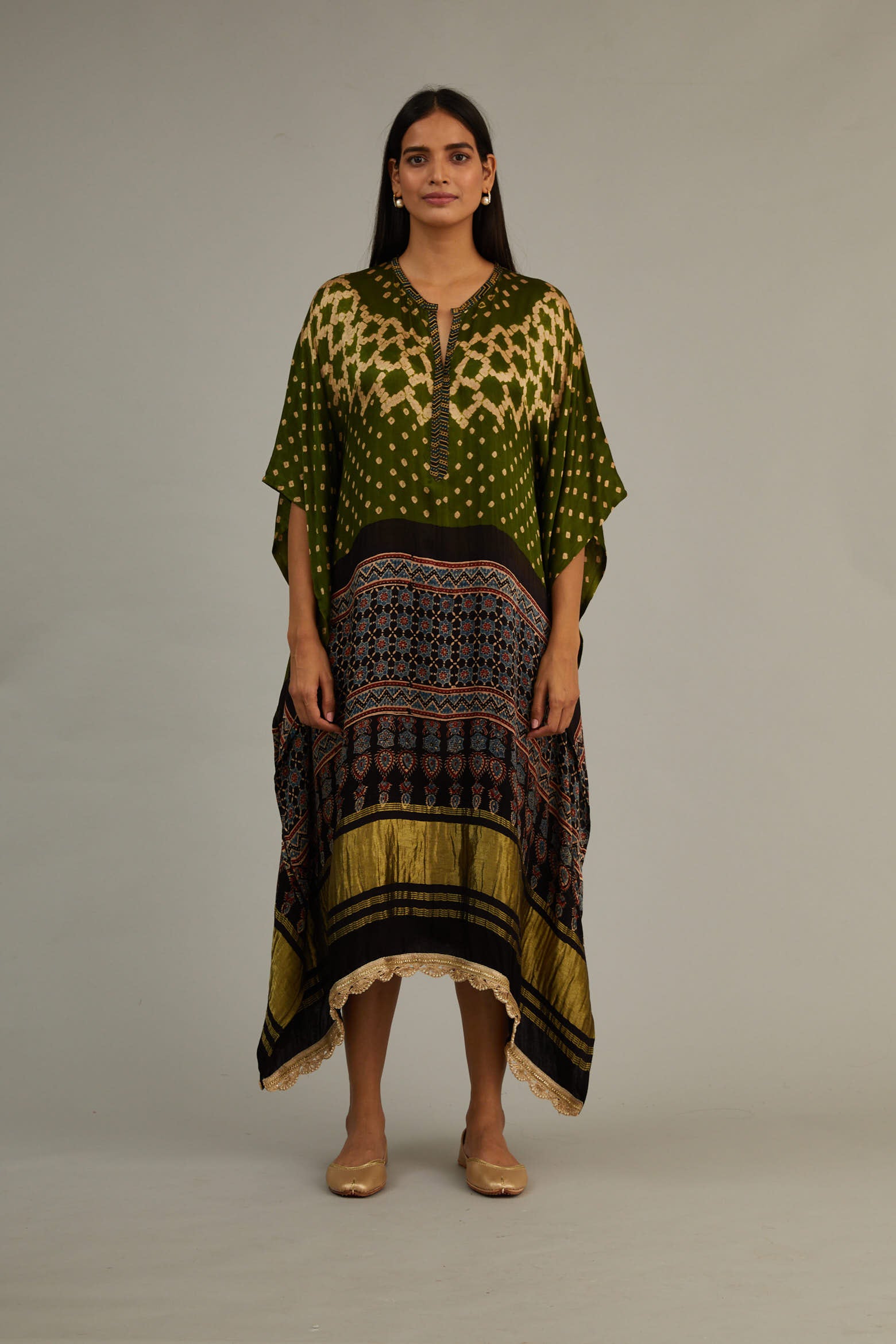 Olive Green Hand Blocked Ajrakh Kaftan