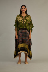 Olive Green Hand Blocked Ajrakh Kaftan
