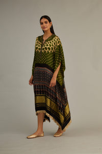 Olive Green Hand Blocked Ajrakh Kaftan