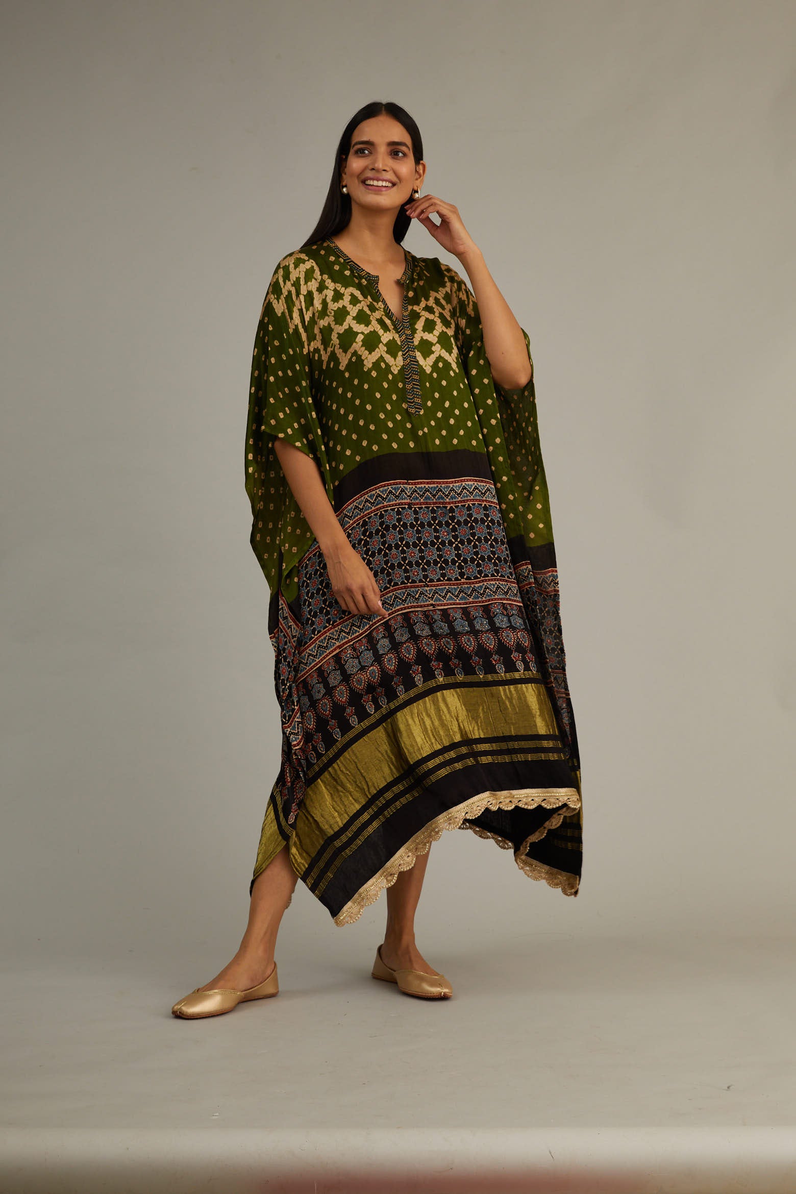 Olive Green Hand Blocked Ajrakh Kaftan