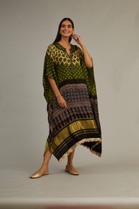Olive Green Hand Blocked Ajrakh Kaftan