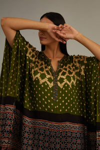 Olive Green Hand Blocked Ajrakh Kaftan