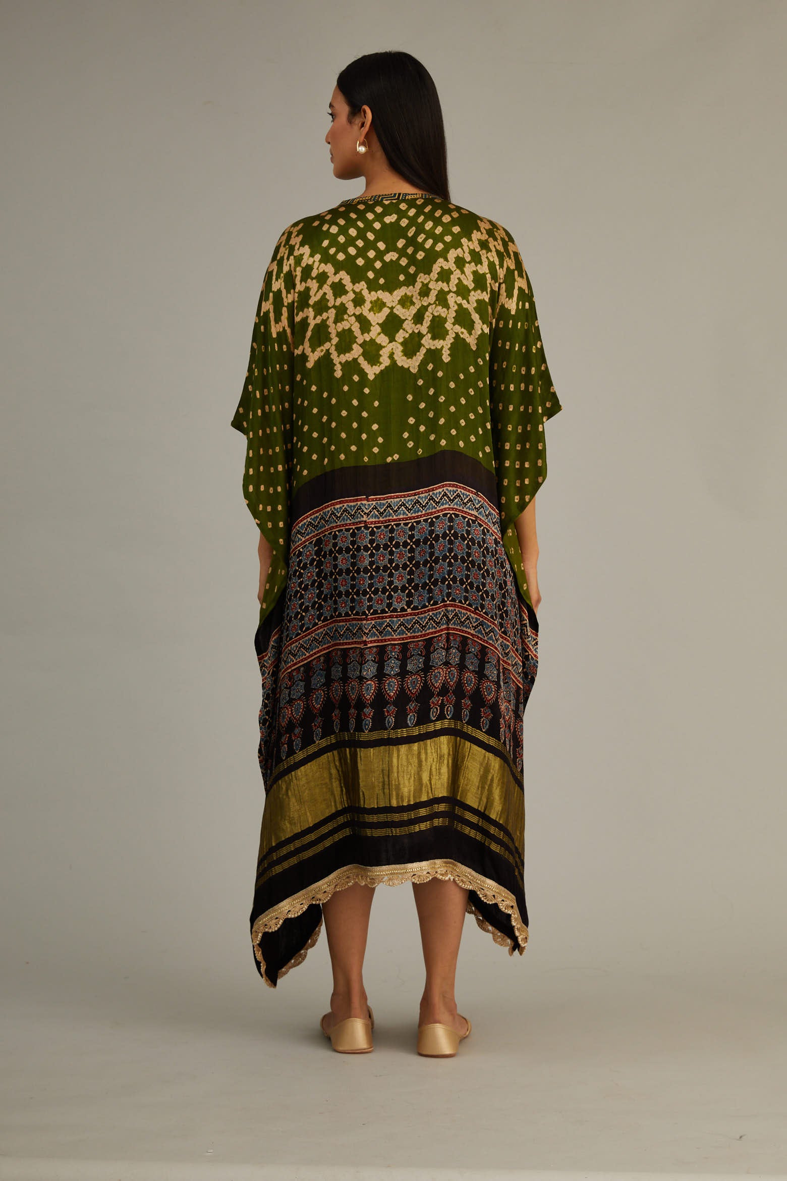 Olive Green Hand Blocked Ajrakh Kaftan