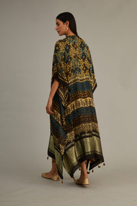 Black Khakhi Hand Blocked Kaftan With Tassles