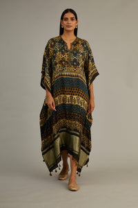 Black Khakhi Hand Blocked Kaftan With Tassles