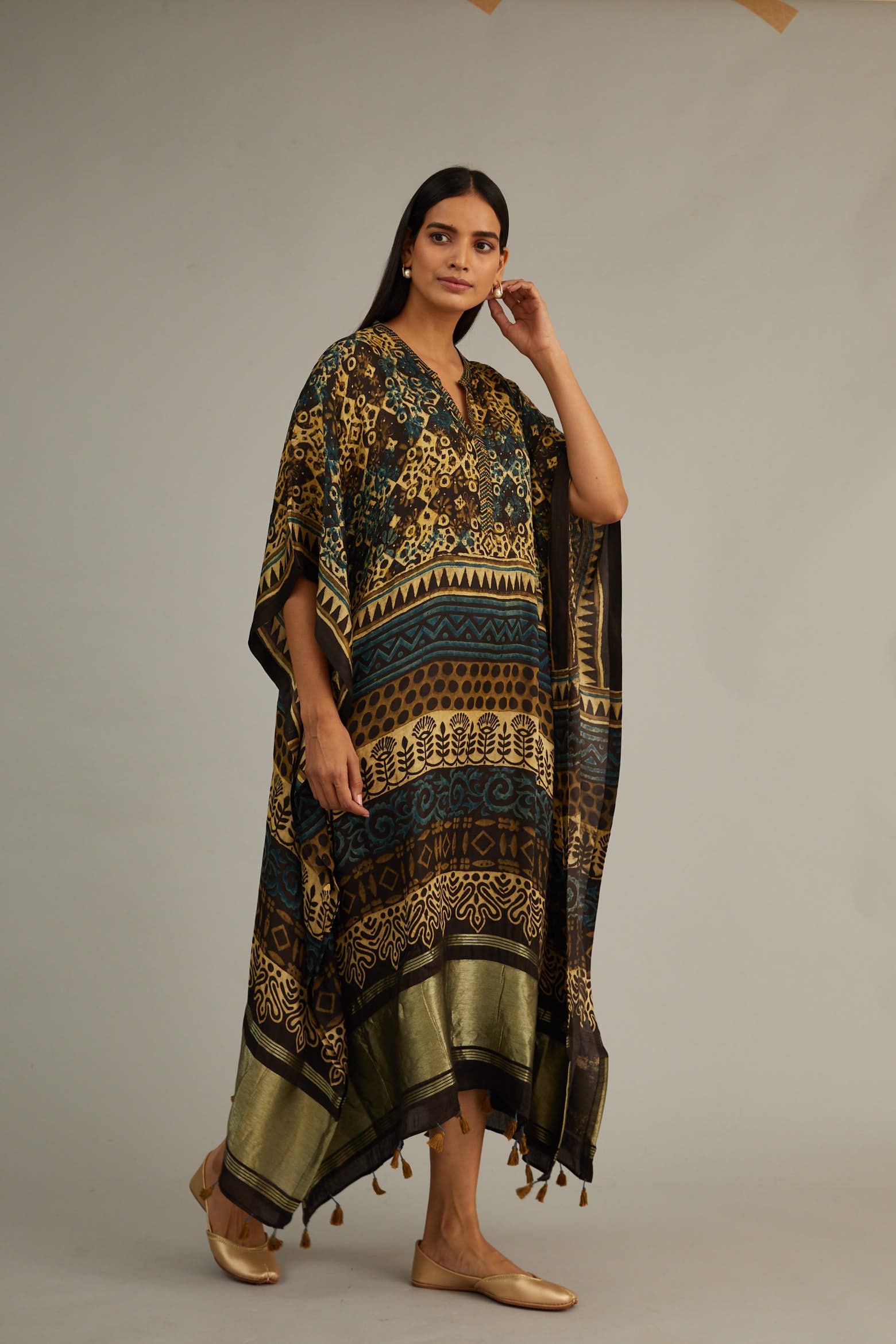 Black Khakhi Hand Blocked Kaftan With Tassles