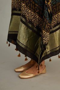 Black Khakhi Hand Blocked Kaftan With Tassles