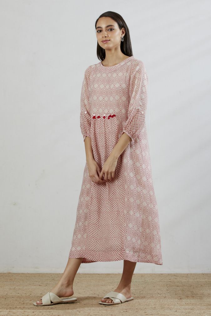 Rose Pink Chanderi Front Gathering Bandhani Printed Dress with Slip