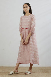 Rose Pink Chanderi Front Gathering Bandhani Printed Dress with Slip
