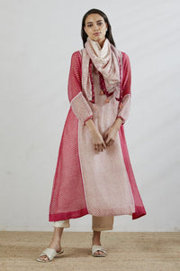 Rose Ivory Chanderi Front Gathering Bandhani Printed Dress with Slip , pants and stole (Full Set)