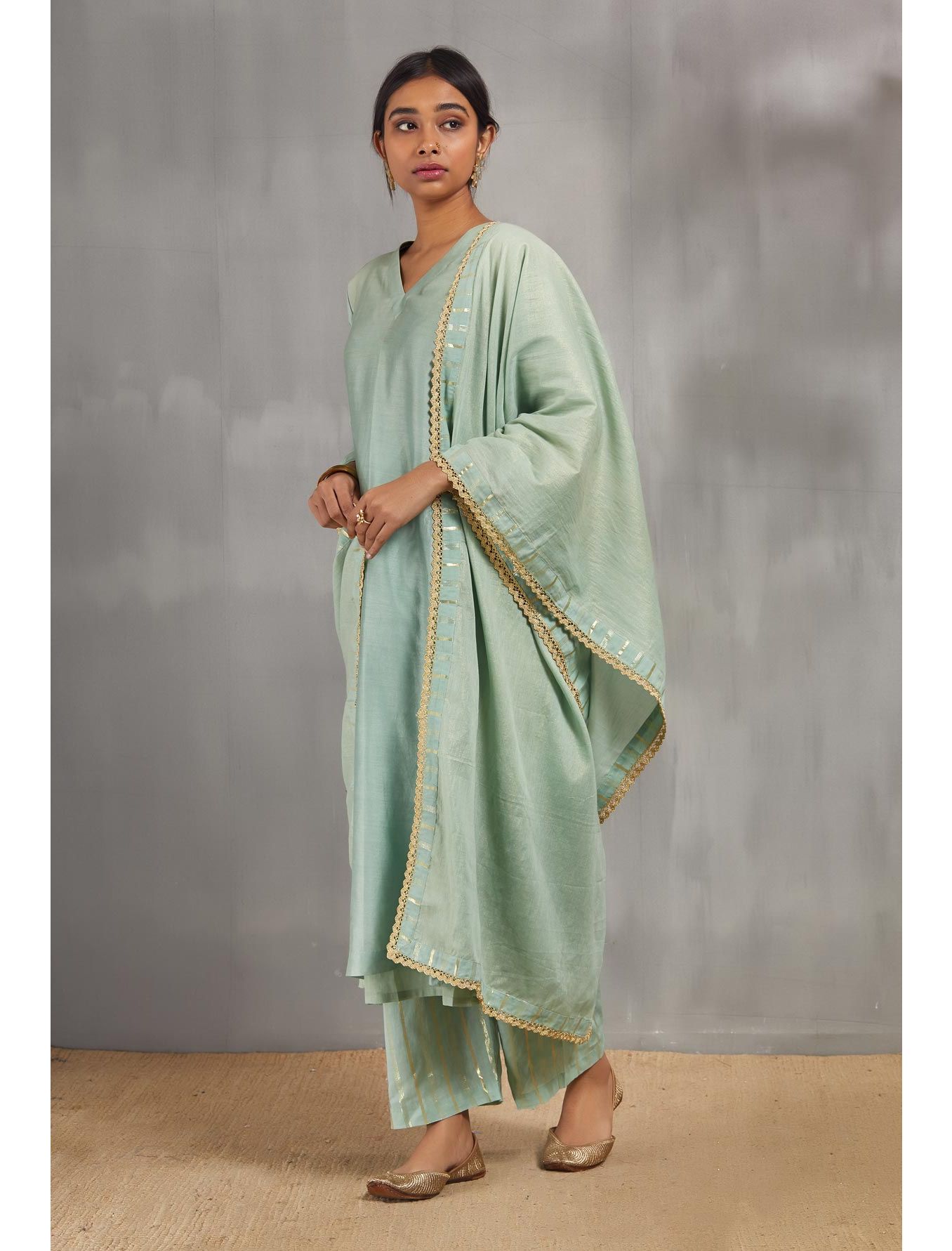 Mint Silk Chanderi Kali Kurta Set With Zari Striped Pants And Dupatta.