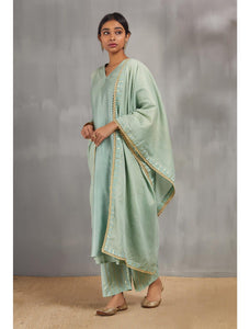 Mint Silk Chanderi Kali Kurta Set With Zari Striped Pants And Dupatta.