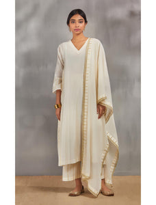 Ivory Silk Chanderi Kali Kurta Set With Zari Striped Pants And Dupatta.