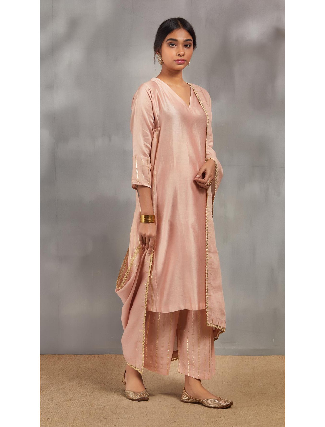 Salmon Pink Silk Chanderi Kali Kurta Set With Zari Striped Pants And Dupatta.