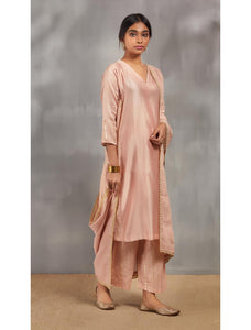 Salmon Pink Silk Chanderi Kali Kurta Set With Zari Striped Pants And Dupatta.
