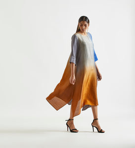 Ink Mustard Asymmetric Dupion Silk Ombre Kurta With Silk Printed Stole