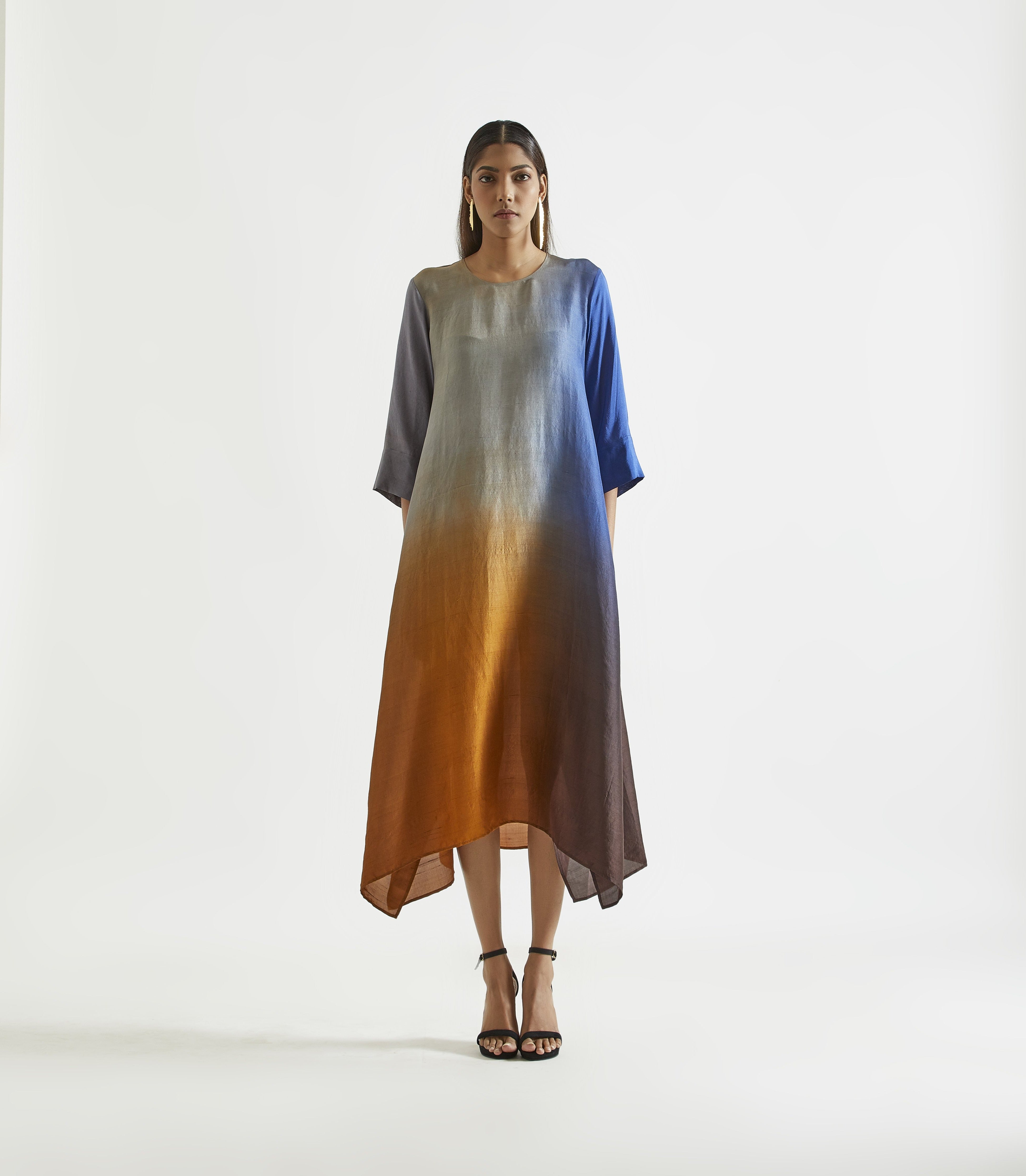 Ink Mustard Asymmetric Dupion Silk Ombre Kurta With Silk Printed Stole