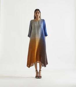 Ink Mustard Asymmetric Dupion Silk Ombre Kurta With Silk Printed Stole