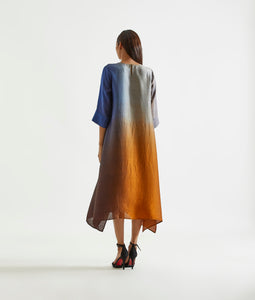 Ink Mustard Asymmetric Dupion Silk Ombre Kurta With Silk Printed Stole