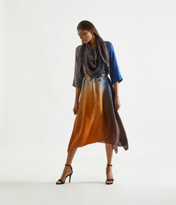 Ink Mustard Asymmetric Dupion Silk Ombre Kurta With Silk Printed Stole