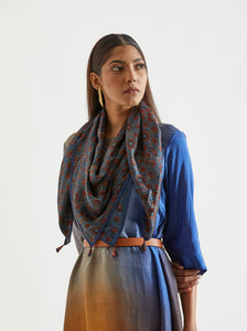 Ink Mustard Asymmetric Dupion Silk Ombre Kurta With Silk Printed Stole