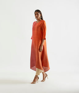 Peach Asymmetric Dupion Silk Ombre Kurta With Silk Printed Stole.