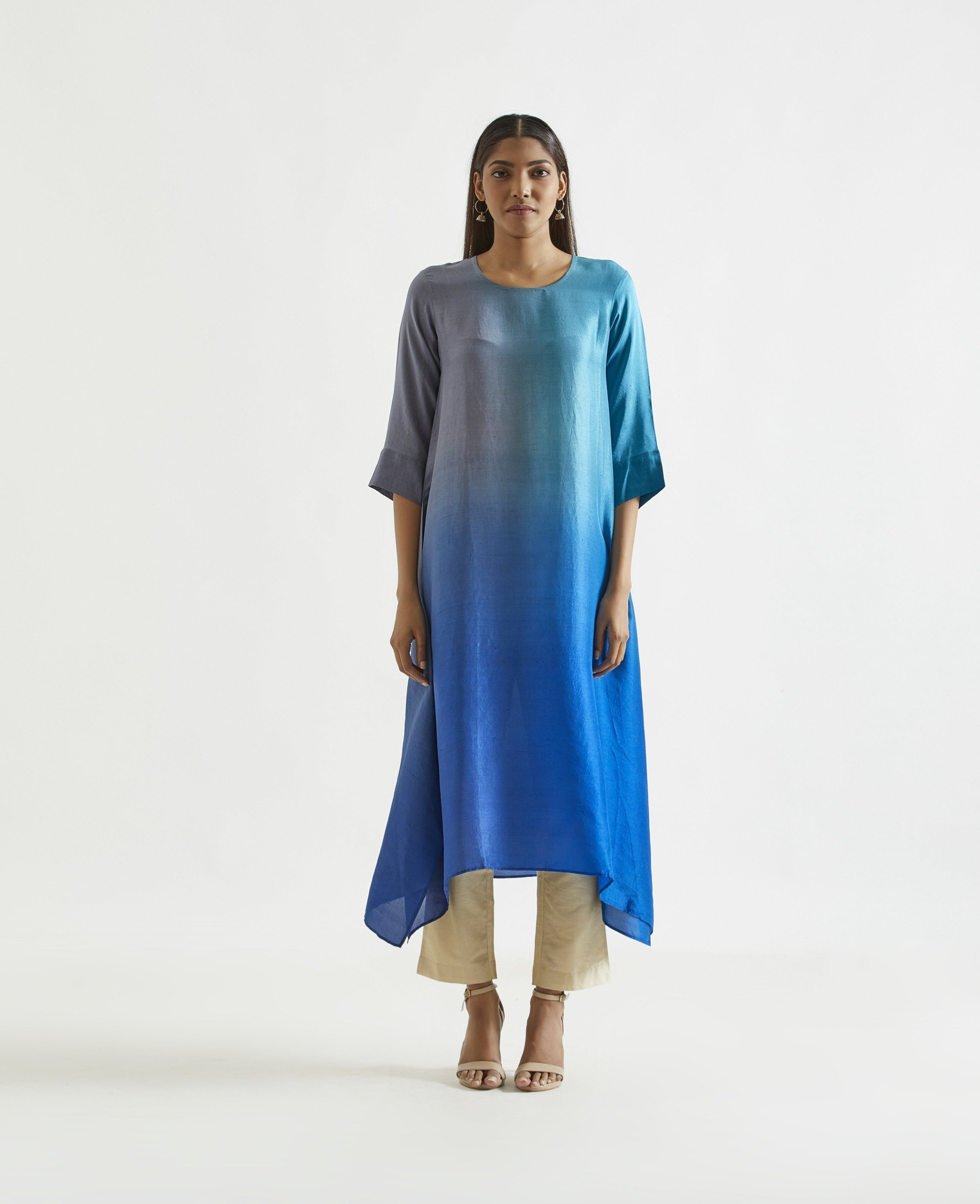 Firozi Grey Asymmetric Dupion Silk Ombre Kurta With Printed Stole