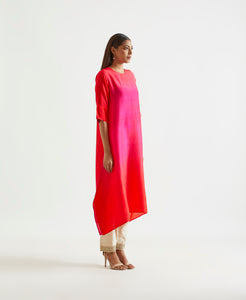 Bright Fuchsia Red Asymmetric Dupion Silk Ombre Kurta with Printed Stole
