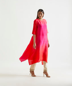 Bright Fuchsia Red Ombre Kurta With Organza Embroidered Zari Dupatta