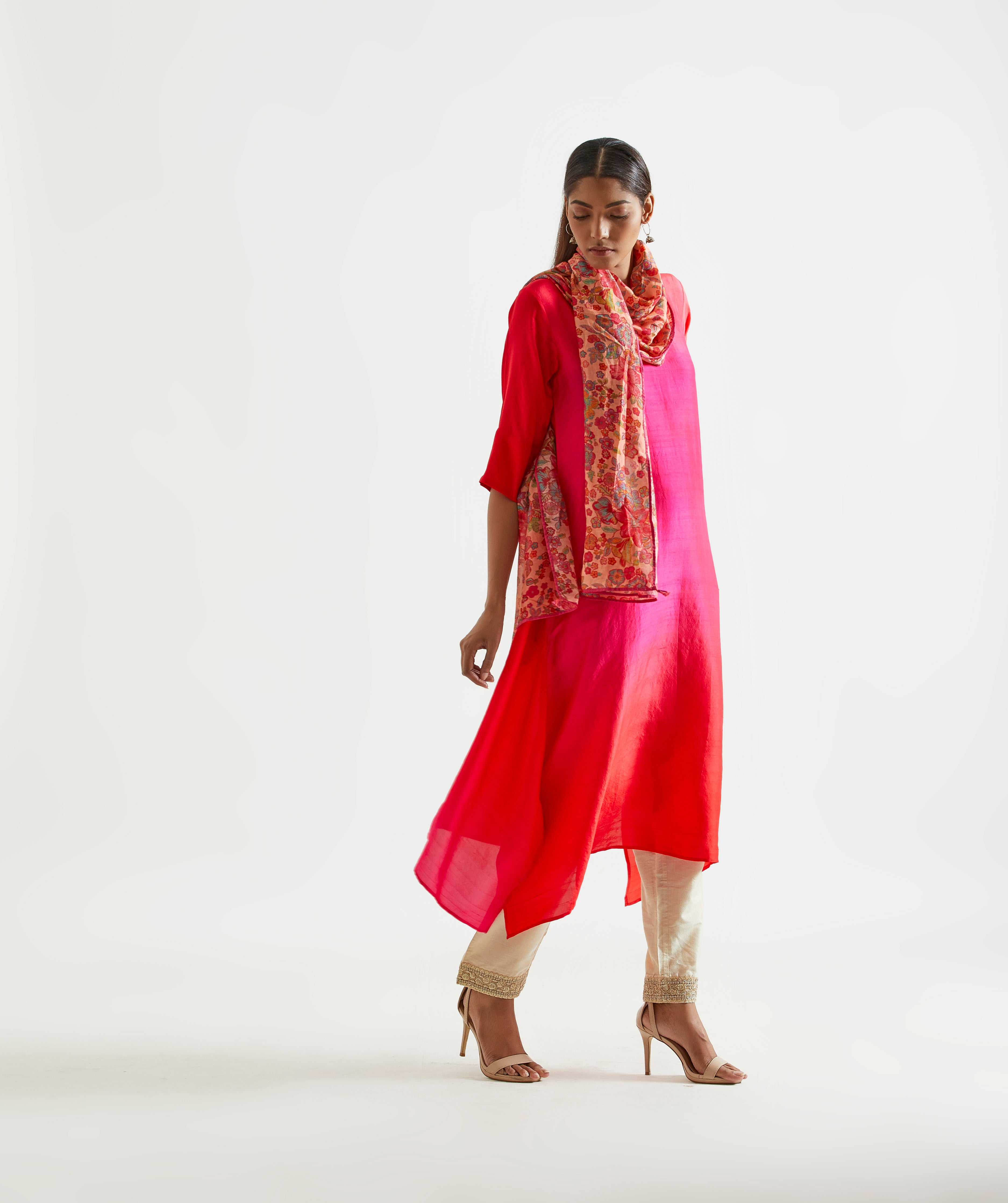 Bright Fuchsia Red Asymmetric Dupion Silk Ombre Kurta with Printed Stole