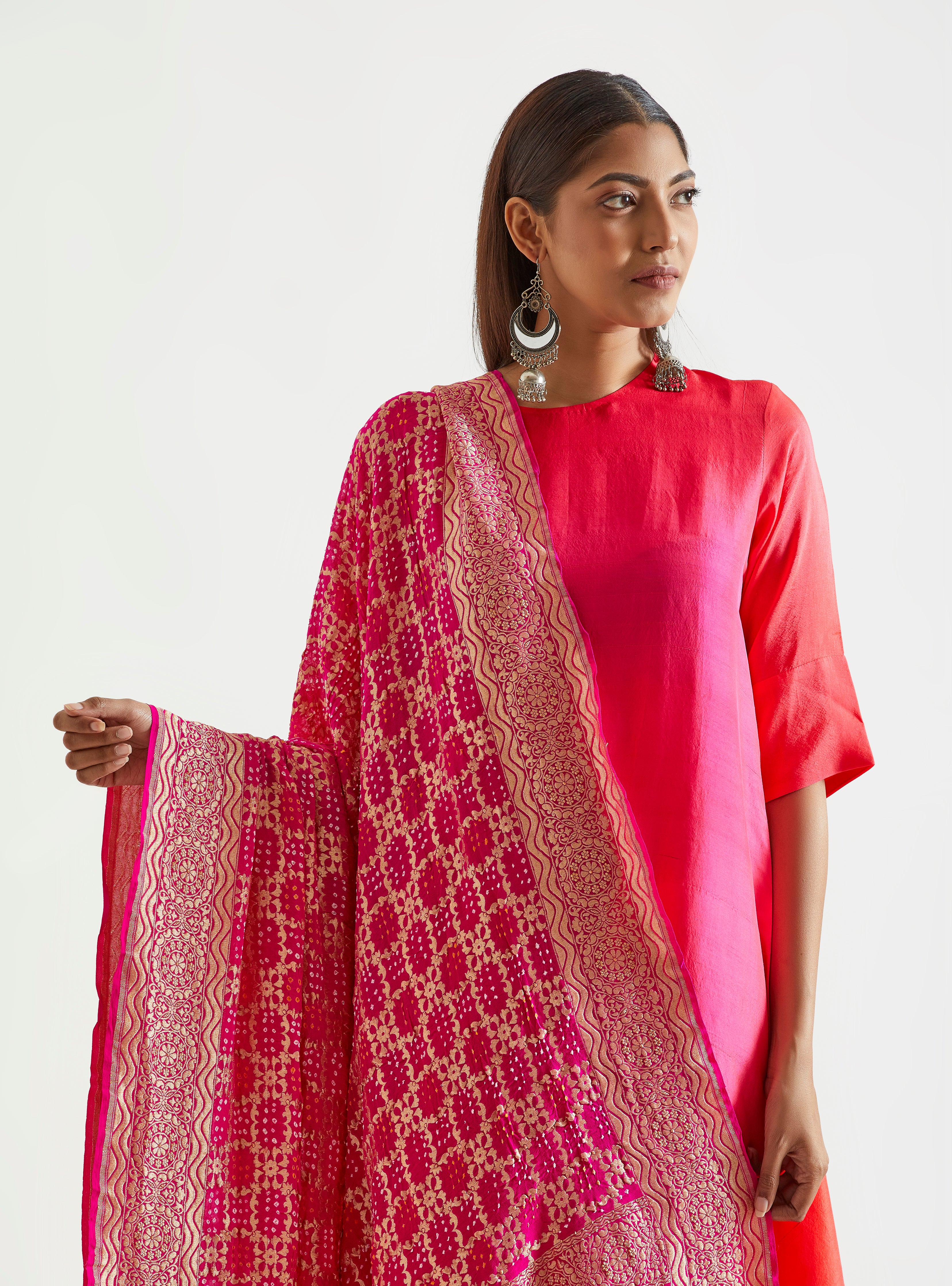 Bright Fuchsia Red Ombre Kurta with heavy Banarasi Bandhej Dupatta