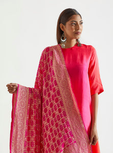 Bright Fuchsia Red Ombre Kurta with heavy Banarasi Bandhej Dupatta