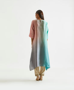 Blue Mauve Grey Asymmetric Dupion Silk Ombre Kurta With Silk Printed Stole