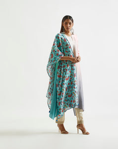 Blue Mauve Grey Asymmetric Dupion Silk Ombre Kurta With Silk Printed Stole