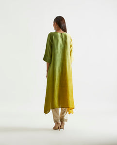 Sage Mustard Ombre Hued Kurta With Printed Stole