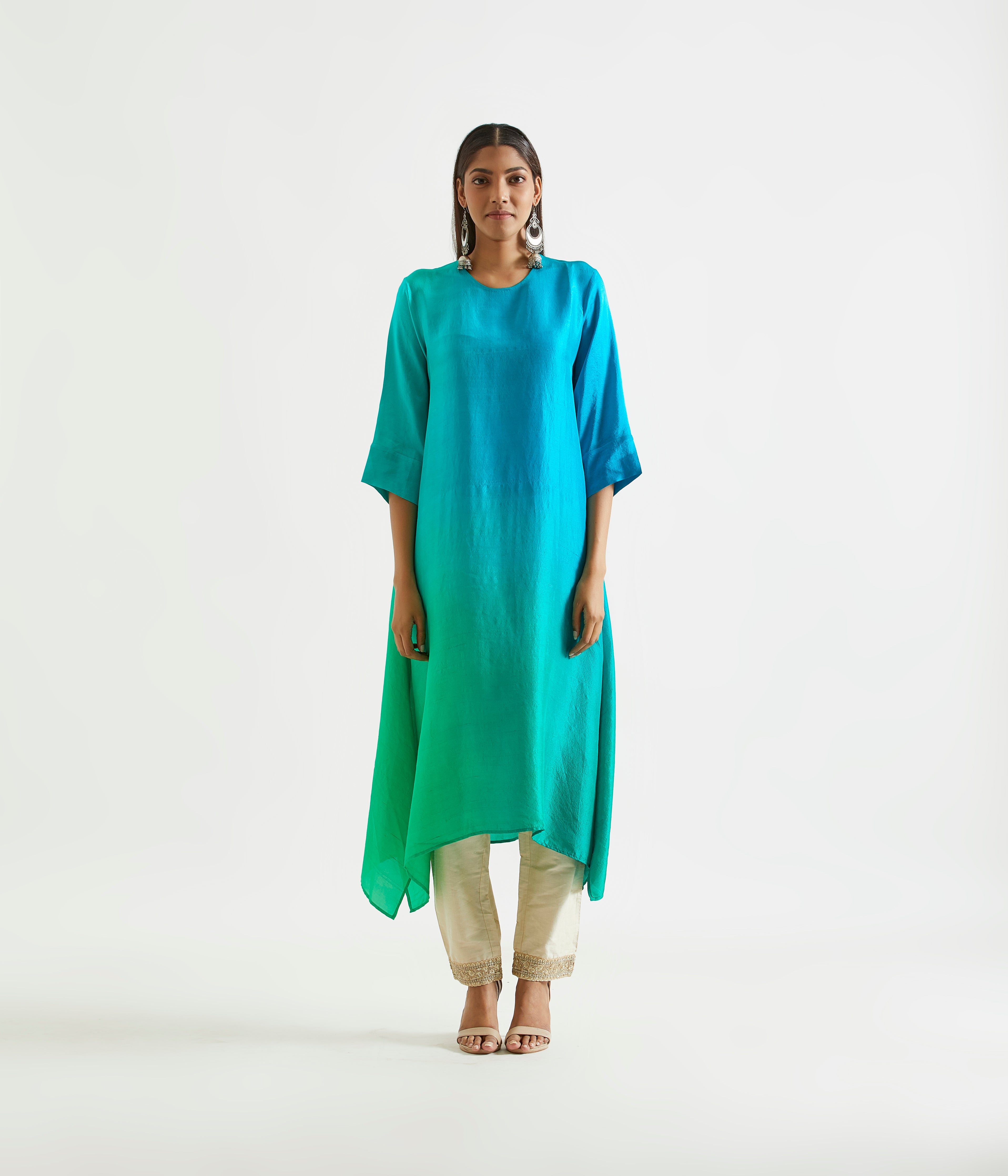 Bright Green Blue Ombre Kurta Dress with printed Stole.